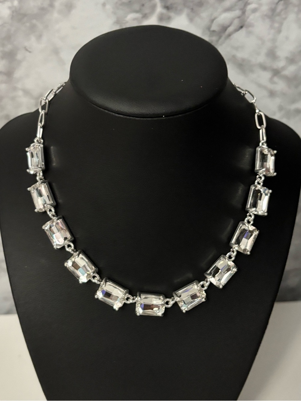 Silver Clear Rectangle Glass Link Silver Necklace